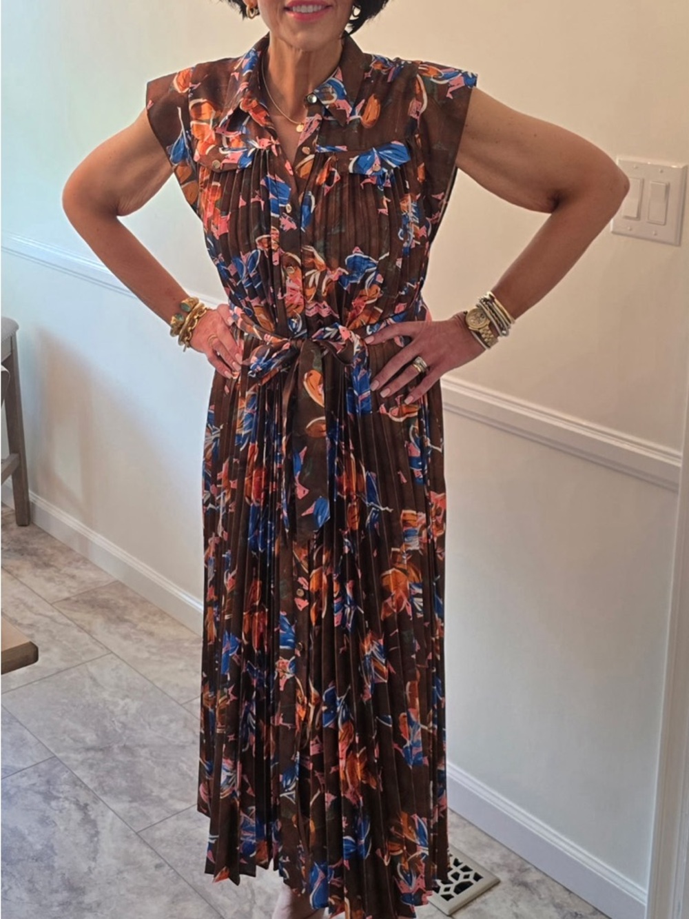 Brown Floral Pleated Maxi Dress with Blue & Orange Accents